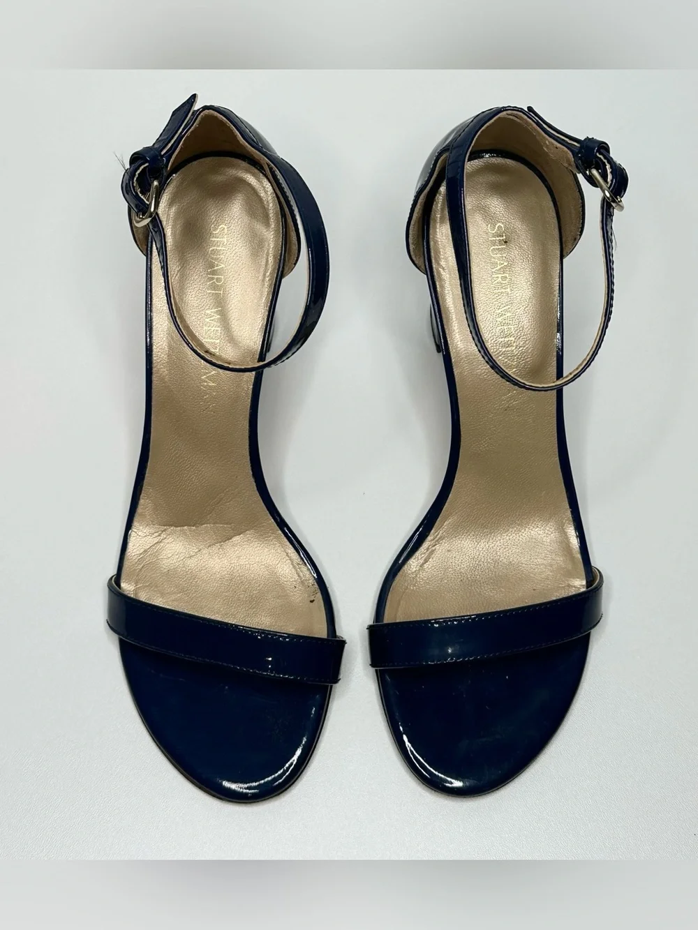 Stuart Weitzman Navy Blue Patent Leather Nudist Curve Heels Shoes Sandal